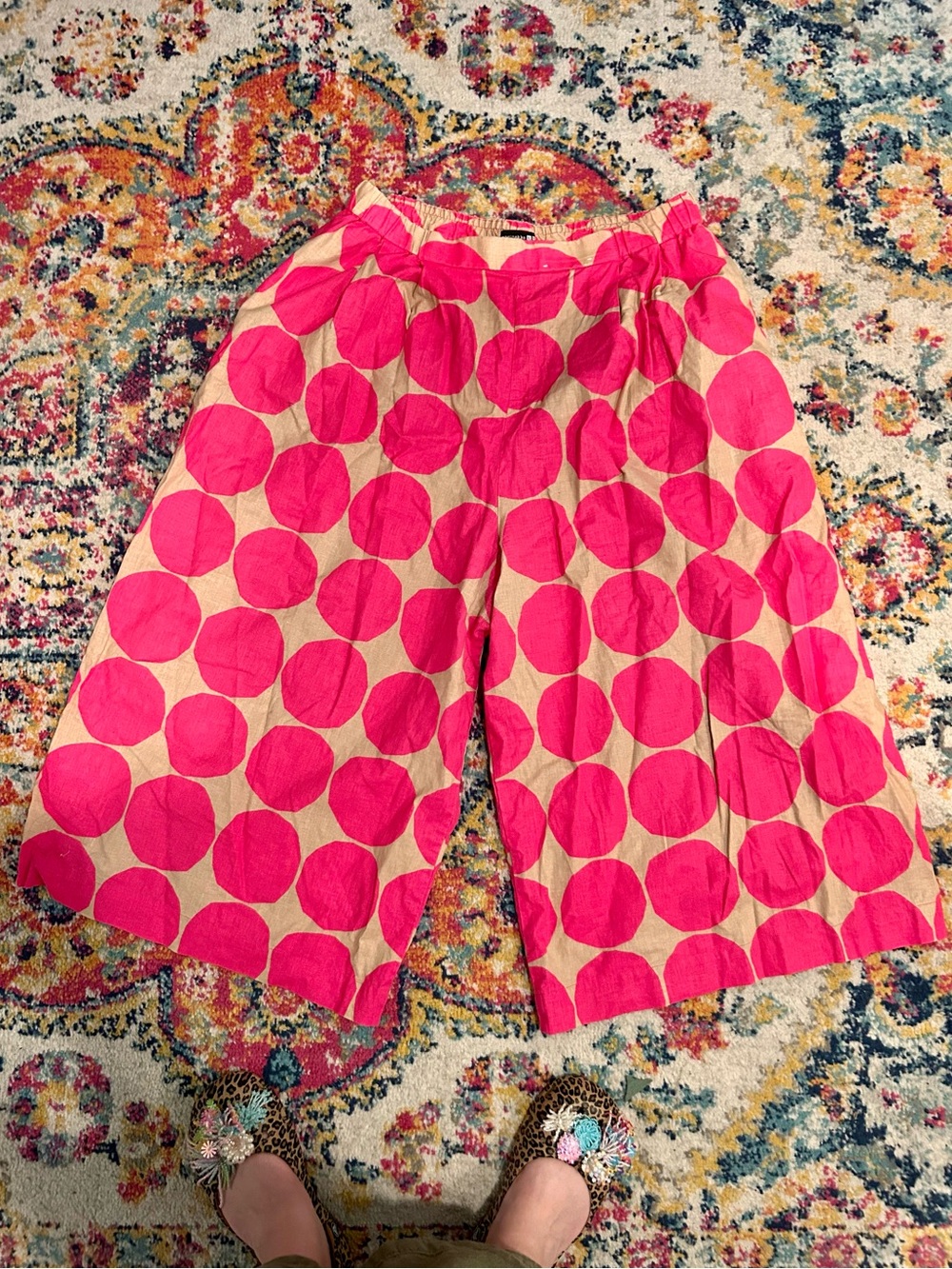 Uniqlo x Marimekko Linen Pink Polka Dot Wide-Leg Cropped Pants